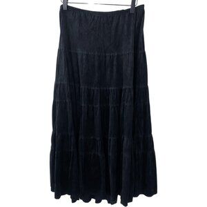 Coldwater Creek Suede Tiered Maxi Skirt Full Western Boho Faux Black L